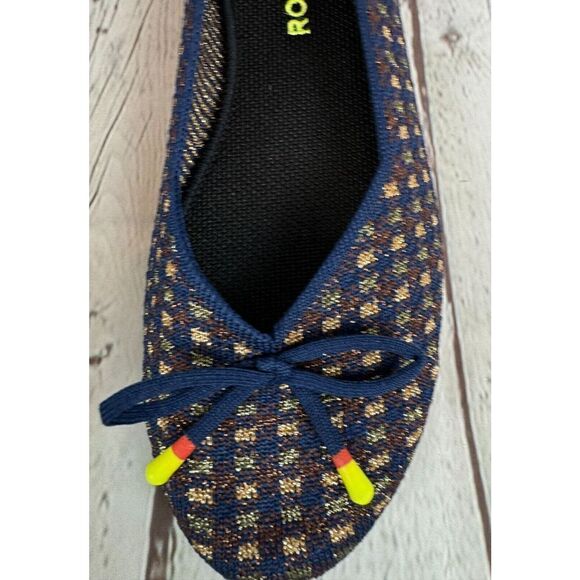 NEW! ROTHY'S blue brown gold check bow flat ballerina shoes 10 - Picture 2 of 10